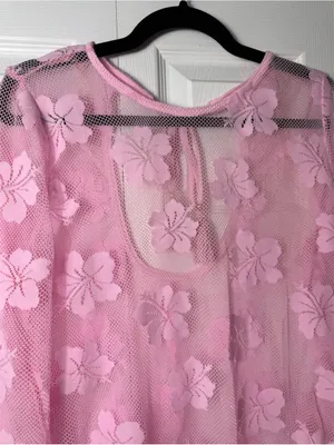 Women's Pink Floral Lace Fishnet Mesh Sheer Long Sleeve Midi Dress Cover Up M/L thumbnail 9