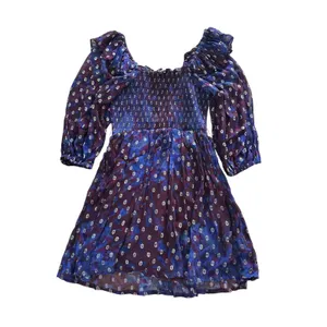 Cleobella‎ Elizabeth Dress Small Purple Blue Metallic Gold Dots Smocked Ruffle thumbnail 8