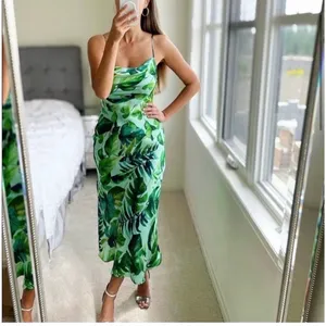 Zara Green Tropical Palm Leaf Satin Long Maxi Slip Dress Size XS thumbnail 12