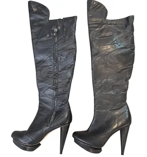 Velvet Angels OTK Leather Platform Boots High Heel Black‎ Women's EU 37 US 7 thumbnail 1