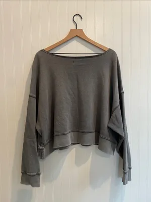 AERIE Boxy Cropped Relaxed Off-Shoulder Sweatshirt Mineral Dye Graphite Size M thumbnail 3