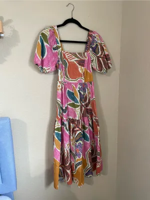 Vibrant Tropical Abstract Print Puff Sleeve Tiered Dress Square Neck Size XS thumbnail 2
