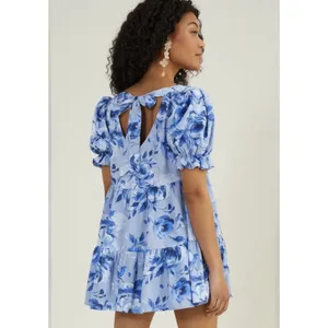 Altar'd State Women's size Large Blue Floral Linen Blend Fit Flare Dress V Neck thumbnail 3