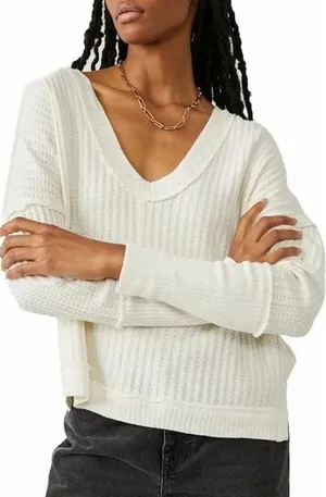 We The Free Free People Magic Thermal Tee S Cream Long Sleeve Top Sweater Boho Beach Slouchy thumbnail 1