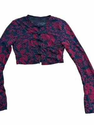 Soly Hux Dragon Print Mesh Crop Top Chinese Frog Button Bell Sleeve NWT Size XS thumbnail 1