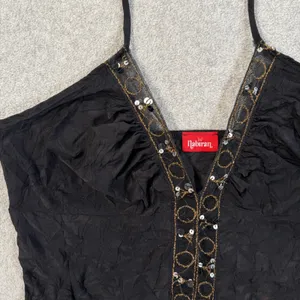 Nabiran Y2k Women's Small Black Halter Top Sequined Beaded Crinkle Tank Blouse thumbnail 3