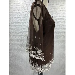 Sundance Brown Mesh Embroidered Tunic Top V-Neck 3/4 Sleeve Boho Floral Large thumbnail 2
