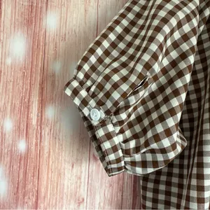 Unbranded Brown Gingham White Plaid Puff Sleeve Hi Lo Hem Button Front Top Sz S thumbnail 7
