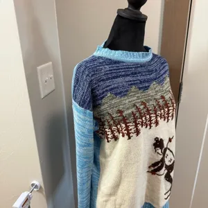 Vintage Knit Ski Sweater Mock Neck Blue White Alps Skiing Winter Art to Wear M thumbnail 4