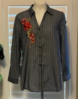 Unique Spectrum Gray Striped Button Down Shirt with Red Floral Embroidery thumbnail 1