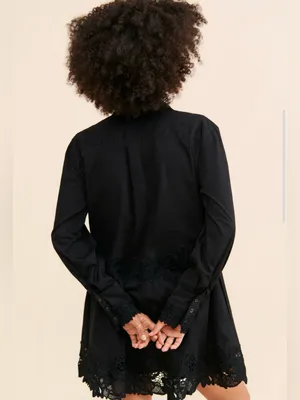 Free People Black Embroidered tunic Dress boho lace trim button front XS thumbnail 2
