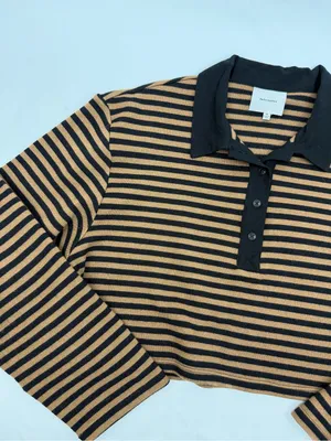 Reformation Anna Rugby Shirt Black And Tan Stripe Extra Large Crop Polo Sporty thumbnail 9