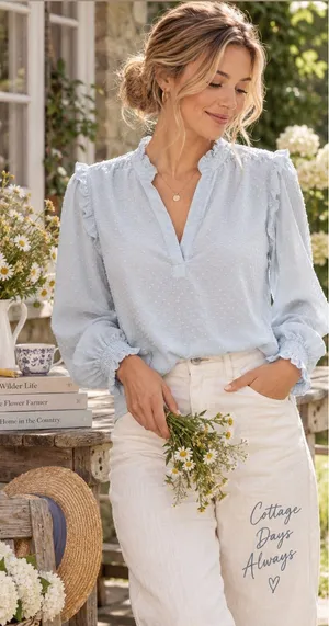 J.Crew Classic Sky Blue Clip Dot Ruffle Trim Popover Blouse Size Medium thumbnail 1
