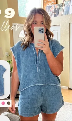 Aerie pool to party chambray muslin crop top distressed denim splice vneck cap thumbnail 1