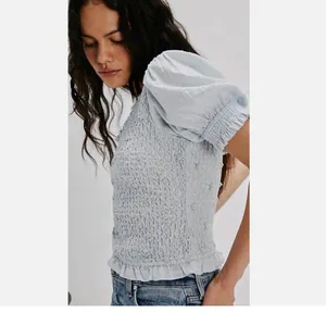 NEW Free People Cecelia Puff Sleeve Smocked embroidered Rosette Cute Top L thumbnail 3