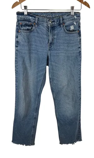 American‎ Eagle High Rise Relaxed Straight Jeans Blue Distressed Raw Hem Size 0 thumbnail 1