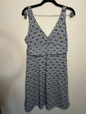 Patagonia Margot Blue White Geometric Jersey Knit V-Neck Sleeveless Dress thumbnail 2