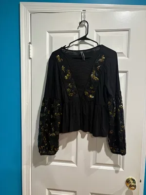 Anthropologie Neale Sequined Peplum Top blouse boho cottagecore M black thumbnail 2