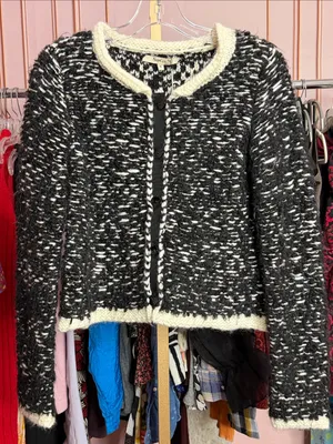 Napa Girls Black White Marled Knit Cardigan Cream Trim Button Front Sweater S thumbnail 2