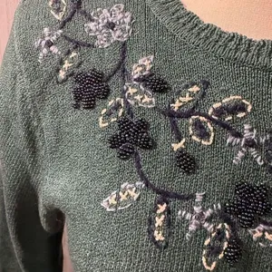 Vintage Beaded Floral Knit Sweater Green Embroidered‎ Pullover small thumbnail 6