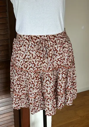 Floral Print Ruffle Tiered Mini Skirt Brown Size M thumbnail 1