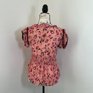 Maeve Anthropologie Anisa Perfume Floral Smocked Peplum Top Pink S Velvet Trim thumbnail 3