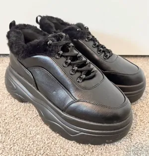 Koi Fur Trim Sneakers Size 8 Black Faux Leather New Whimsigoth Fairy Grunge Punk thumbnail 1