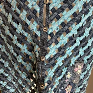 NAPA VALLEY Denim Vest SZ 1X Mixed Media Patches Open Weave Embroidery Western thumbnail 4
