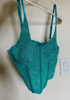 Rain On Me Embellished Corset Crop Top In Teal thumbnail 3