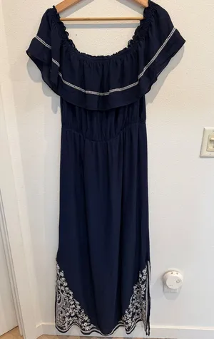 Sugarlips Navy Blue Off-Shoulder Maxi Dress with Embroidered Hem thumbnail 1