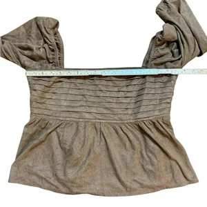 francesca's Miami Payton Faux Suede Pleated Blouse Brown‎ Sz L thumbnail 10