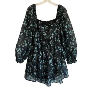 Lulus Black Blue Floral Puff Sleeve Square Neck Babydoll Mini Dress Medium‎ thumbnail 4