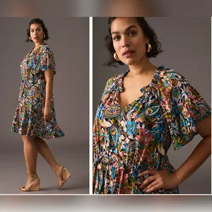 Anthropologie Robin Tiered Mini Dress Women 1X Floral Paisley Multicolor Flutter thumbnail 2