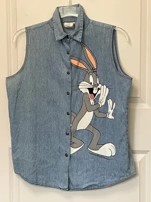 Vintage 90’s Jerry Leigh Bugs Bunny Chambray Button Down Sleeveless Shirt Large thumbnail 1