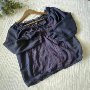 American Eagle Medium Sheer Blue Boho Peasant Blouse Pink Embroidery Tassel thumbnail 7