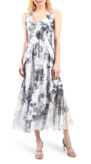 Komarov Lace-Up Back Charmeuse Sleeveless Maxi Dress Watercolor Floral Large thumbnail 1