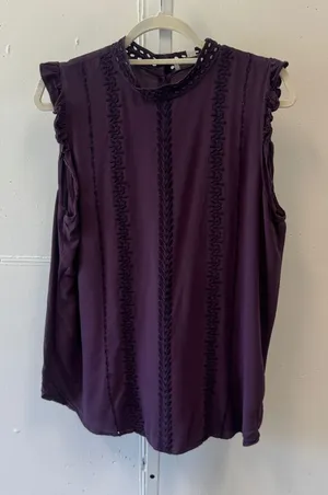 LOFT Purple Sleeveless Eyelet Embroidered Ruffle Blouse Plum Large Whimsical thumbnail 1