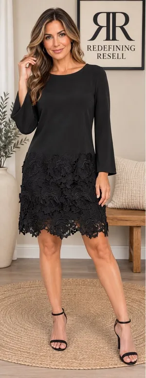 Laundry by Shelli Segal Black 3D Floral Lace Hem Shift Dress Long Sleeve Size 2 thumbnail 1