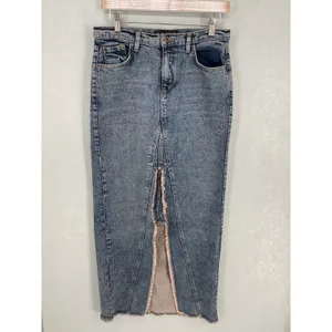 Third Womens Denim Maxi Skirt Distressed Front Slit Blue XL thumbnail 2