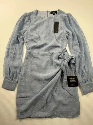 Lulus Light Blue Swiss Dot‎ Long Sleeve Wrap Mini Dress XXS New With Tags thumbnail 1