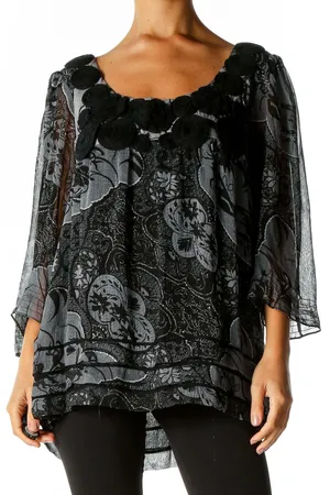ICE Vintage Women XL Black Sheer 3/4 Sleeve Floral Blouse WhimsyGoth Feminine thumbnail 1