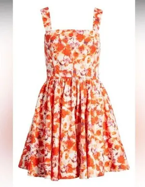 CHELSEA28 Fit & Flare Cotton Minidress in Orange Blue Blushed Blooms Medium thumbnail 1