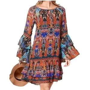 Venus Boho Print Ruffle Mini Dress Size XS Gypsy Hippie Summer Resortwear Vacay thumbnail 1