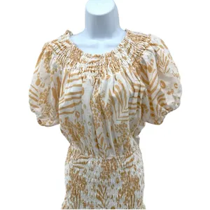 SABO LUXE Camari Linen Dress Smocked Patterned Ruffle Hem‎ White Beige Women's S thumbnail 8