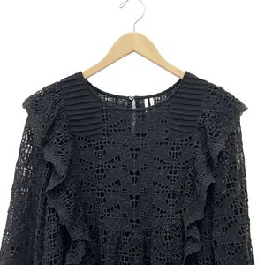 Anthropologie Clementine Eyelet Lace Blouse Black Ruffle Puff Sleeve Size 6 thumbnail 7