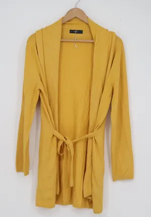 Zara Knit Women's Mustard Yellow Longline Belted Cardigan Sweater Size M thumbnail 1