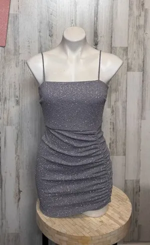 Windsor Glitter Mini Bodycon Dress Womens Medium Silver Grey Ruched Spaghetti St thumbnail 1