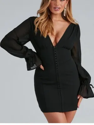 Windsor Black Corset Bodycon Mini Dress Sheer Sleeves Date Night Small thumbnail 1