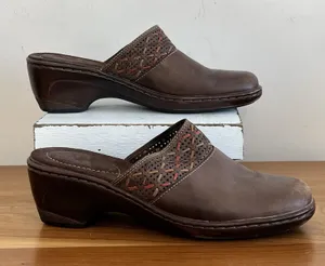 Croft & Barrow Dianna Brown Leather Upper Block Heel‎ Mules W Weaving Accent 6.5 thumbnail 1