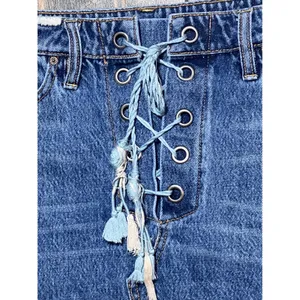 Free People Lace Up Denim‎ Micro Mini Skirt Blue Distressed Raw Hem Size 28 Boho thumbnail 5